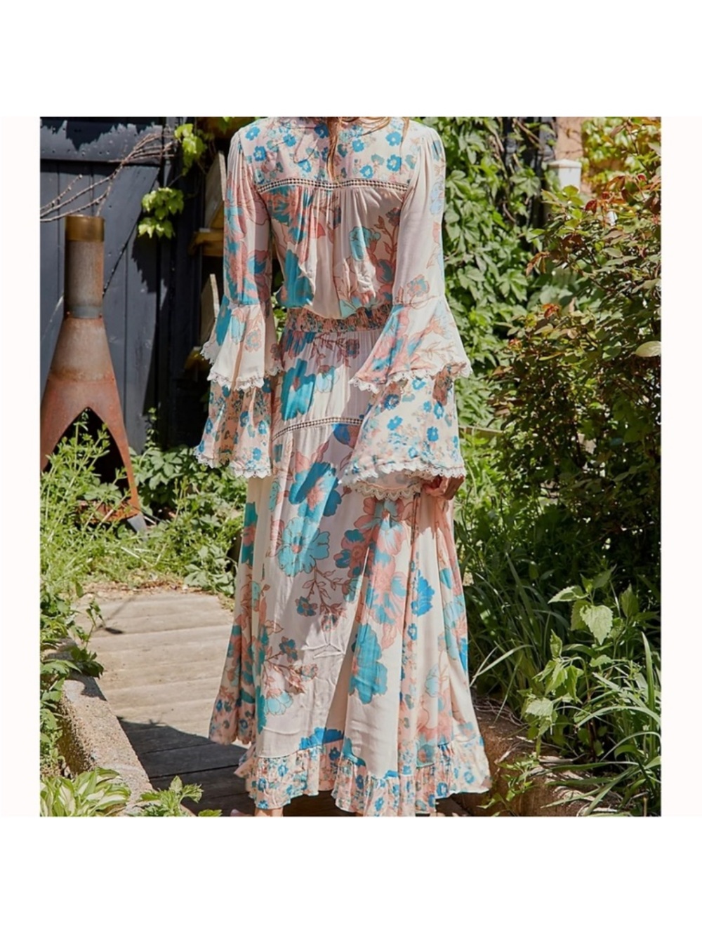 Free People Penny Floral Bodysuit Maxi Dress - Cream, Blue & Pink - Picture 2 of 4